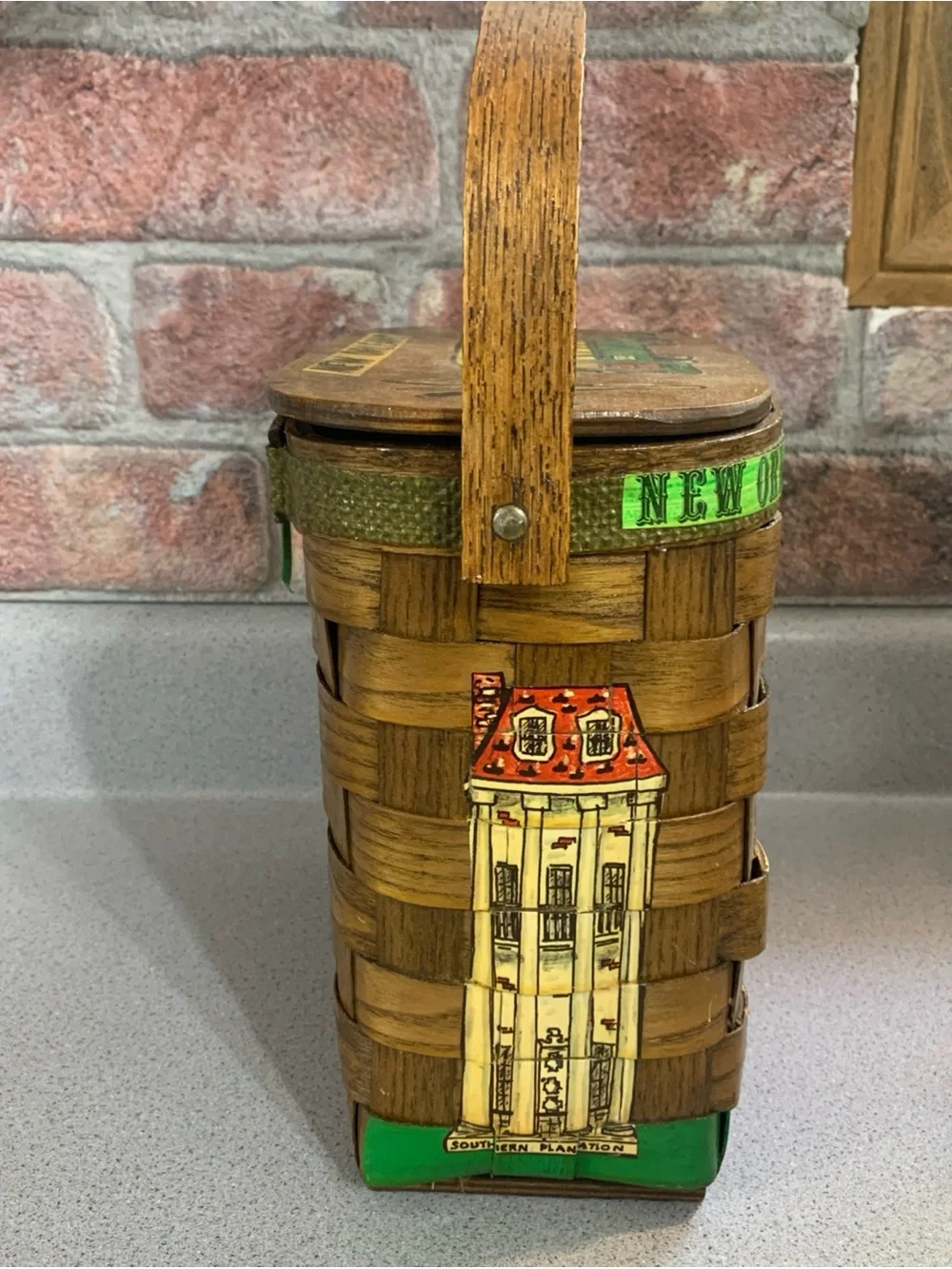New Orleans Wicker Basket with Painted Streetcar Design - Brown & Green signed